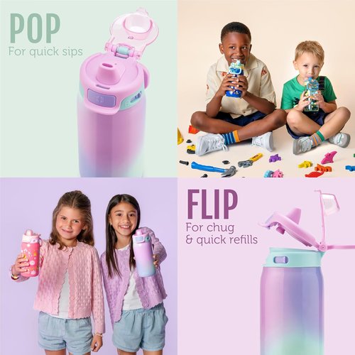 Ello Kids 12oz Pop & Fill Water Bottle - Quick Fill Lid, Double-Wall Insulated, Leak Proof, BPA Free | Preppy Cherries