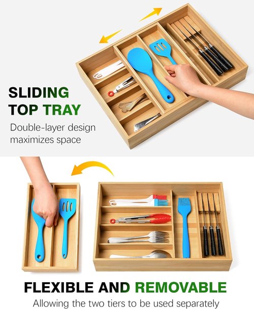 HULISEN Bamboo Utensil Drawer Organizer - 2-Tier Silverware Holder with Sliding Top & Removable Knife Slot - Deep 8-Slot Design