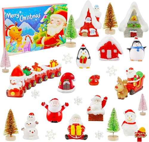 Hiawbon Mini Santa Figurines - 24-Day Advent Calendar with Resin Santa, Snowman & Xmas Trees for Holiday Decor