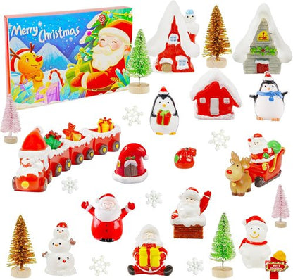 Hiawbon Mini Santa Figurines - 24-Day Advent Calendar with Resin Santa, Snowman & Xmas Trees for Holiday Decor