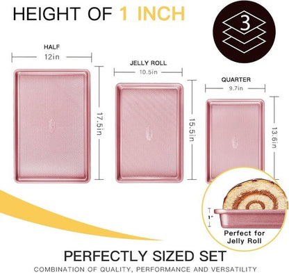 HONGBAKE Nonstick Baking Sheet Pan Set - Heavy Duty Cookie Sheets with Diamond Texture | Pink, Half & Quarter Sizes