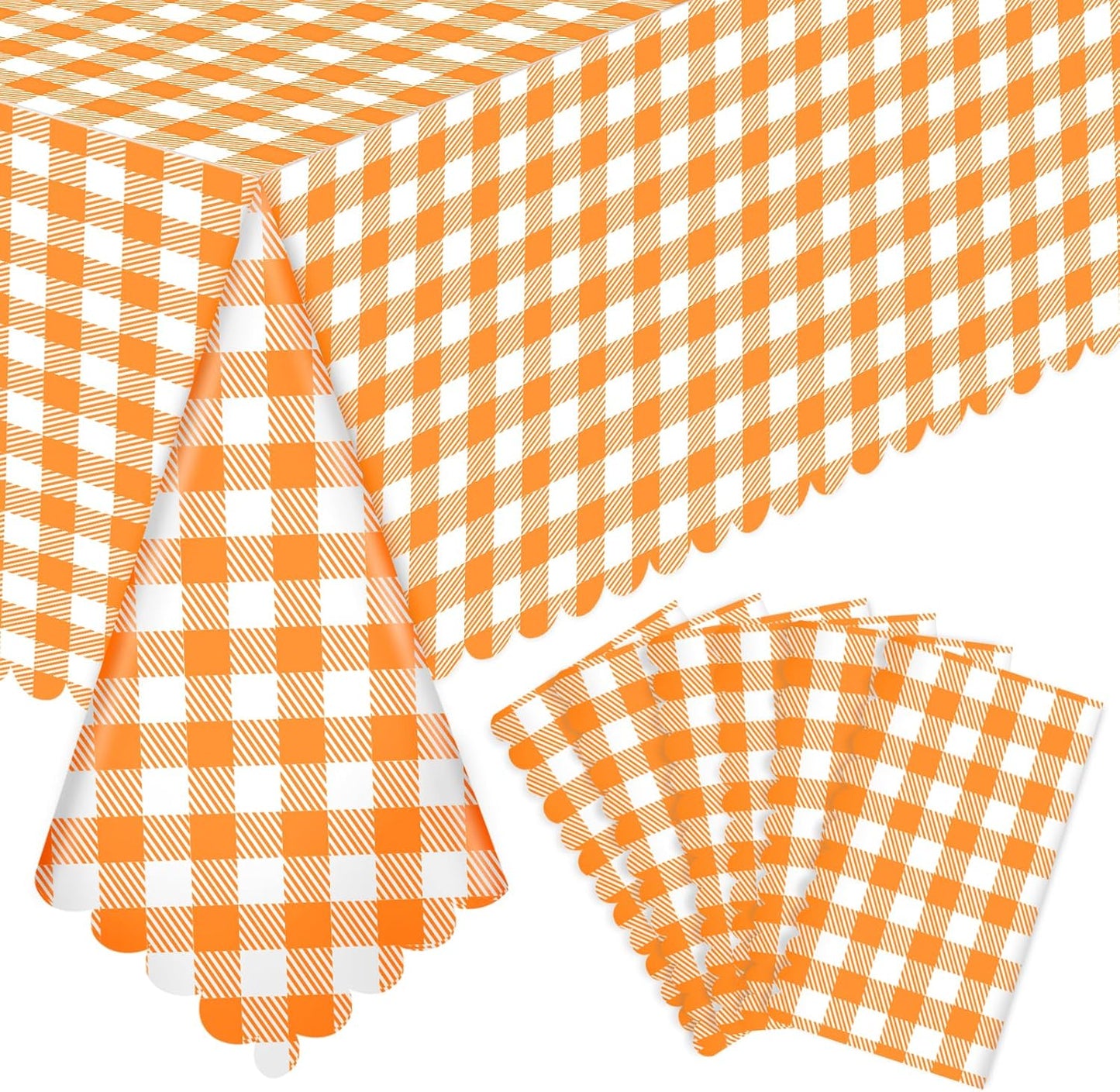 Skiennix 6 Pack Orange Gingham Tablecloths - 54 x 108 Inch Waterproof Disposable Covers for Parties & Picnics