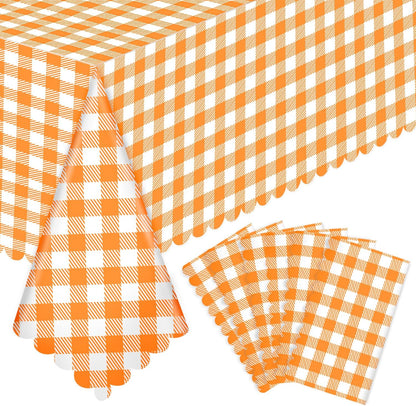 Skiennix 6 Pack Orange Gingham Tablecloths - 54 x 108 Inch Waterproof Disposable Covers for Parties & Picnics