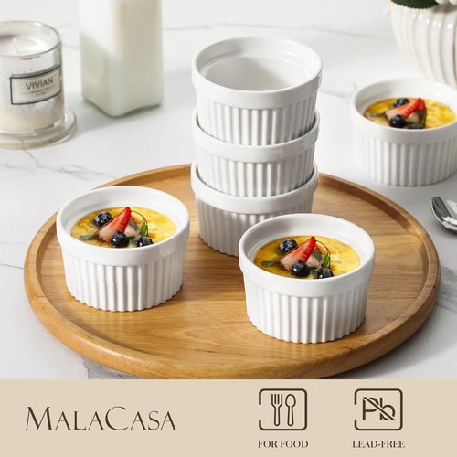 MALACASA Ramekins - 6 oz Oven Safe Porcelain Creme Brulee & Pudding Cups | Set of 6 White Baking Dishes