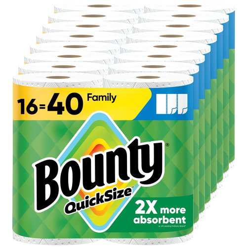 Bounty Paper Towels Quick Size, White, 16 Family Rolls = 40 Regular Rolls