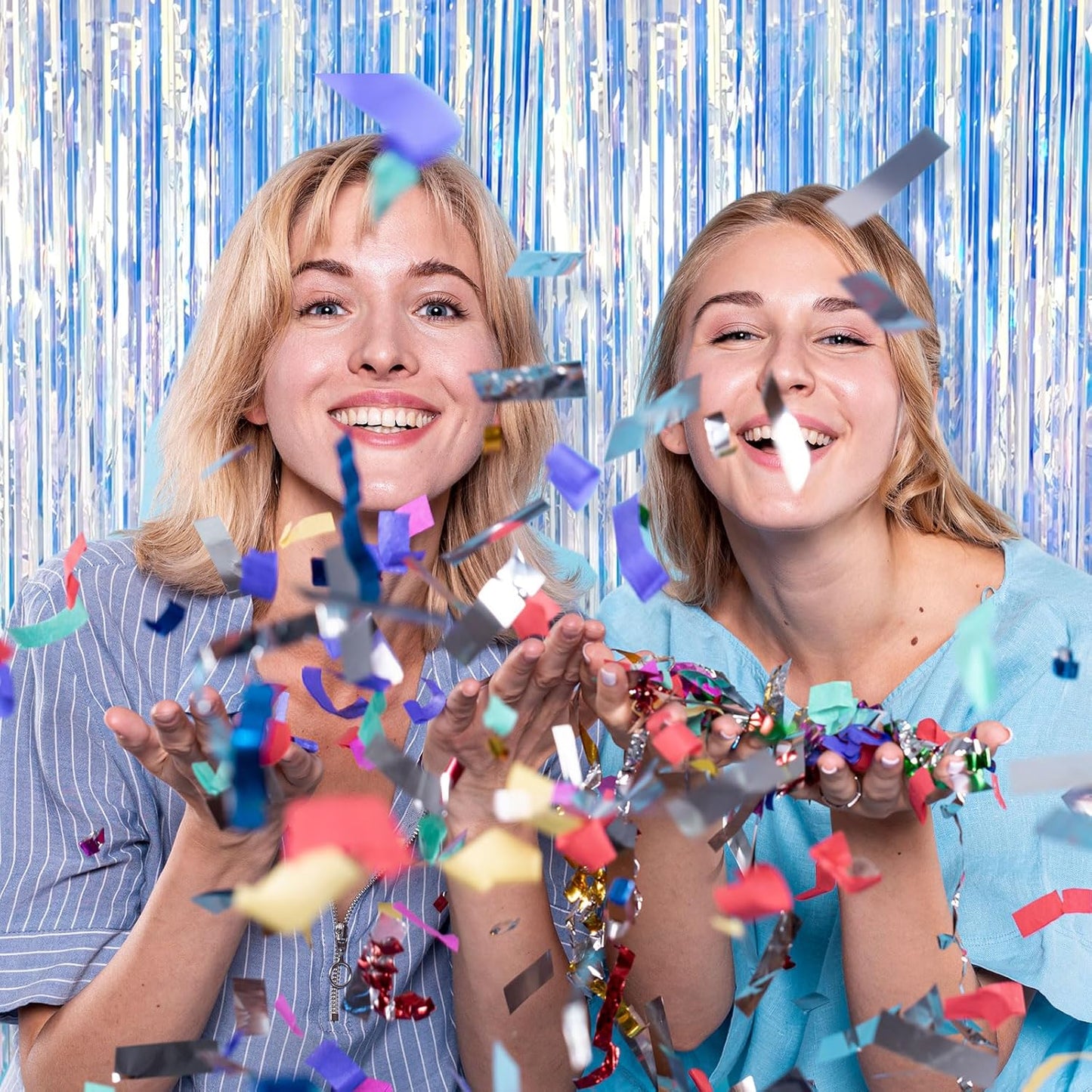 Skiennix Iridescent Metallic Tinsel Foil Fringe Curtains - 2 Pack Photo Booth Backdrop for Parties & Celebrations