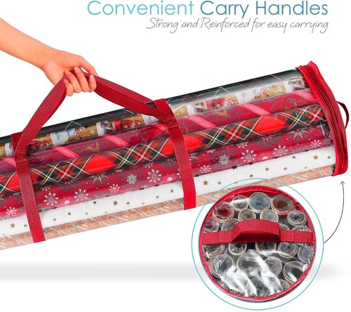 Hearth & Harbor Wrapping Paper Storage Container - Tear-Proof Organizer for 14 Rolls - Clear & Red Design