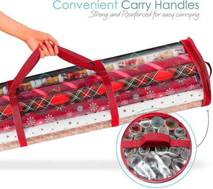 Hearth & Harbor Wrapping Paper Storage Container - Tear-Proof Organizer for 14 Rolls - Clear & Red Design