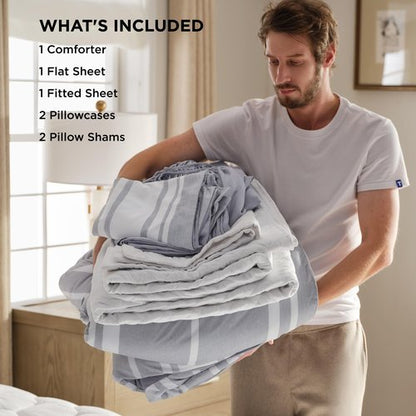 Bedsure Queen Comforter Set 7 Pieces, Grey Striped Bedding Set for All Seasons, Reversible, Cationic Dyeing Bed in a Bag with Comforter, Sheets, Pillowcases & Shams