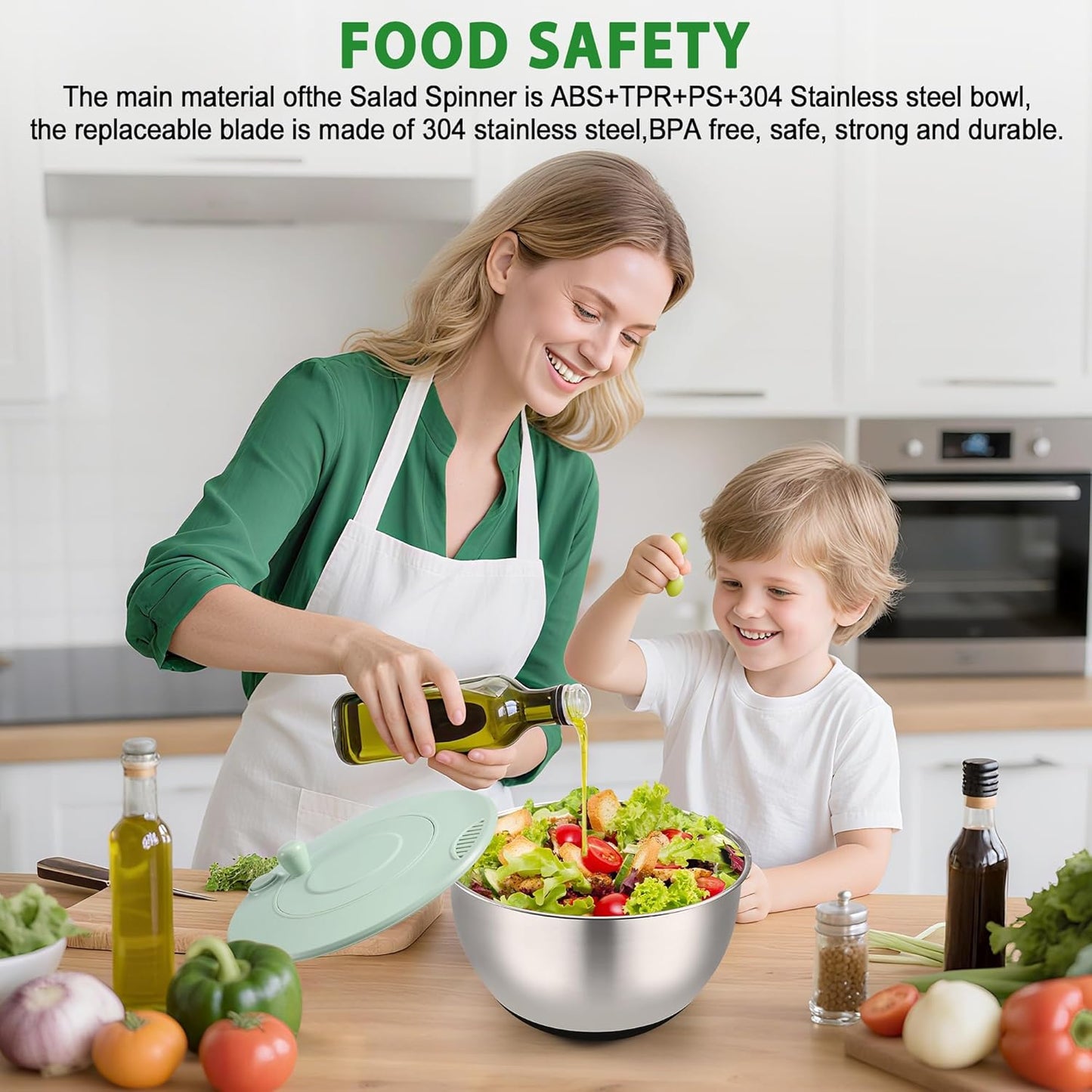 Salad Spinner Stainless Steel - 5.3 Qt Large Vegetable & Fruit Washer with 5 Blade Slicer