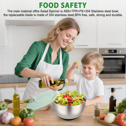 Salad Spinner Stainless Steel - 5.3 Qt Large Vegetable & Fruit Washer with 5 Blade Slicer