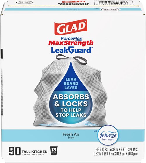 Glad ForceFlex MaxStrength LeakGuard Trash Bags, 13 Gal, Fresh Air, 90 Ct (Package May Vary)