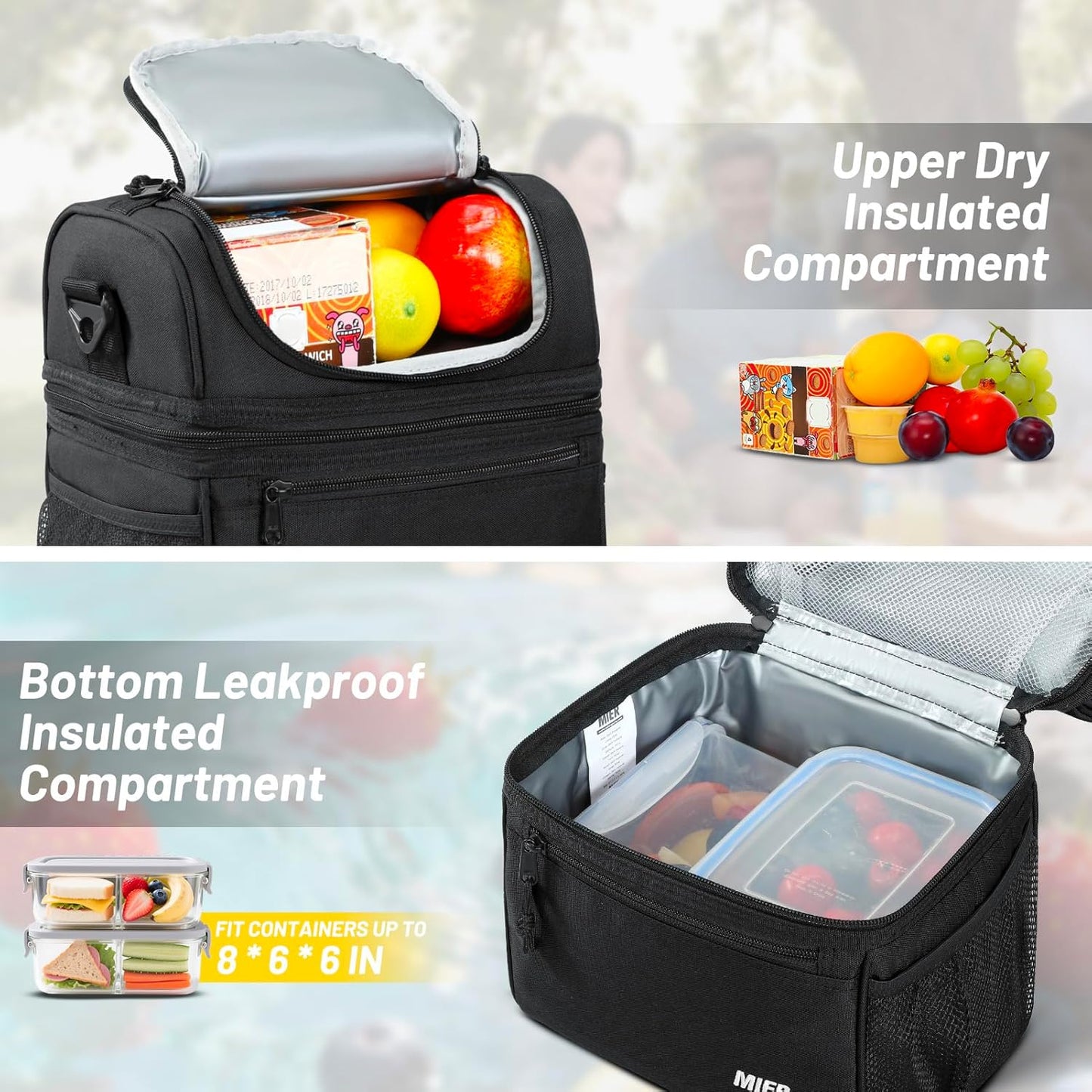 MIER Insulated Lunch Box - Dual Compartment Leakproof Cooler for Adults | Black, Medium Size