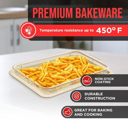 Bakken Swiss Crisper Tray - Non-Stick 2-Piece Set for Healthier Cooking | Extra Large 19" x 13" White Marble Coating