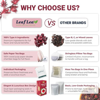 LeafLea 40 Premium Natural Hibiscus Tea Bags, 100% Pure from Hibiscus Flowers, Caffeine-Free Herbal Tea, Hibiscus Flower Tea Rich in Natural Goodness and Flavor, No Sugar, Gluten-Free, Vegan