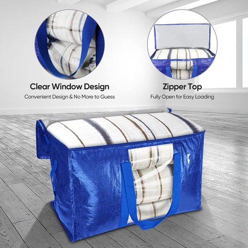BALEINE Oversized Moving Bags - Heavy-Duty Storage Totes with Reinforced Handles | Blue w/Window, 2-Pack