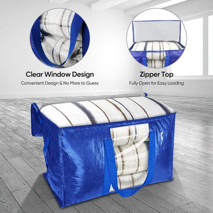 BALEINE Oversized Moving Bags - Heavy-Duty Storage Totes with Reinforced Handles | Blue w/Window, 2-Pack