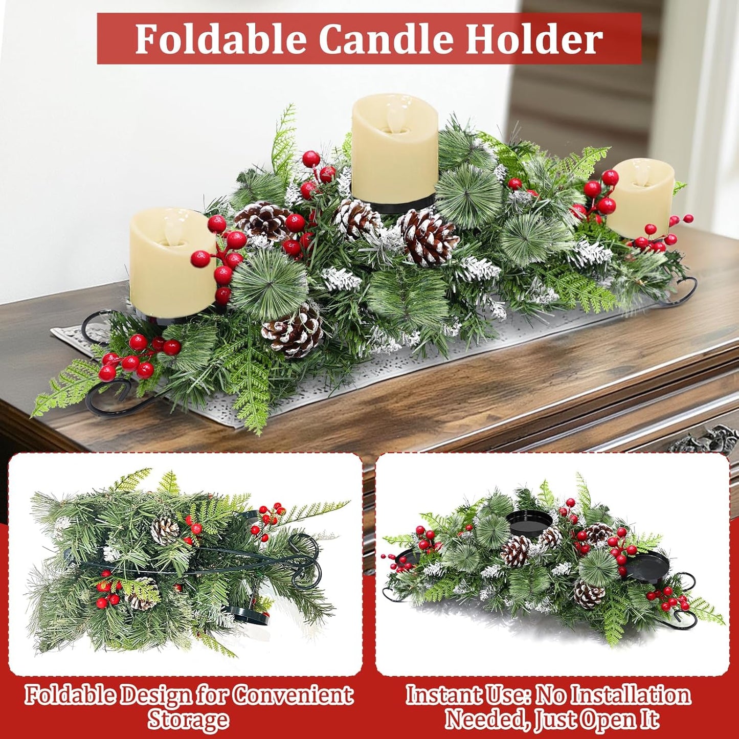 Regine Switzerland 30-Inch Christmas Table Centerpiece - 3 Candle Holders, Red Berry & Pinecone Decor