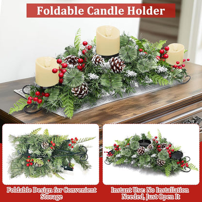 Regine Switzerland 30-Inch Christmas Table Centerpiece - 3 Candle Holders, Red Berry & Pinecone Decor
