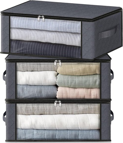 HomeHacks Clothes Organizer Storage Bags - Foldable 35L Box with Clear Window & Sturdy Handles | Gray