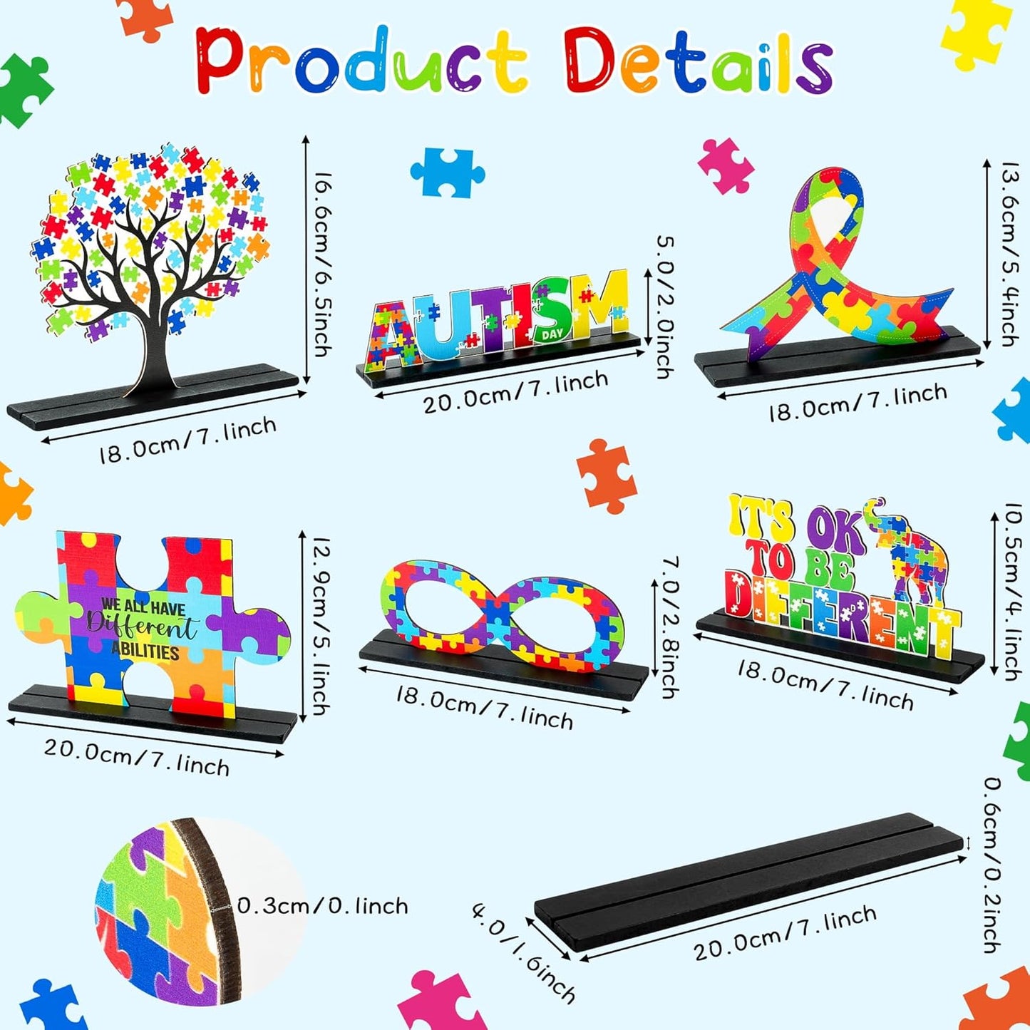 Skiennix 6Pcs Autism Awareness Wood Tiered Tray Centerpieces - Inspirational Puzzle Piece Decor for April