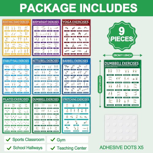 9Pcs Fitness Poster Set by [Brand Name] - Workout Charts for Dumbbells, Kettlebells & Yoga | Home Gym Decor