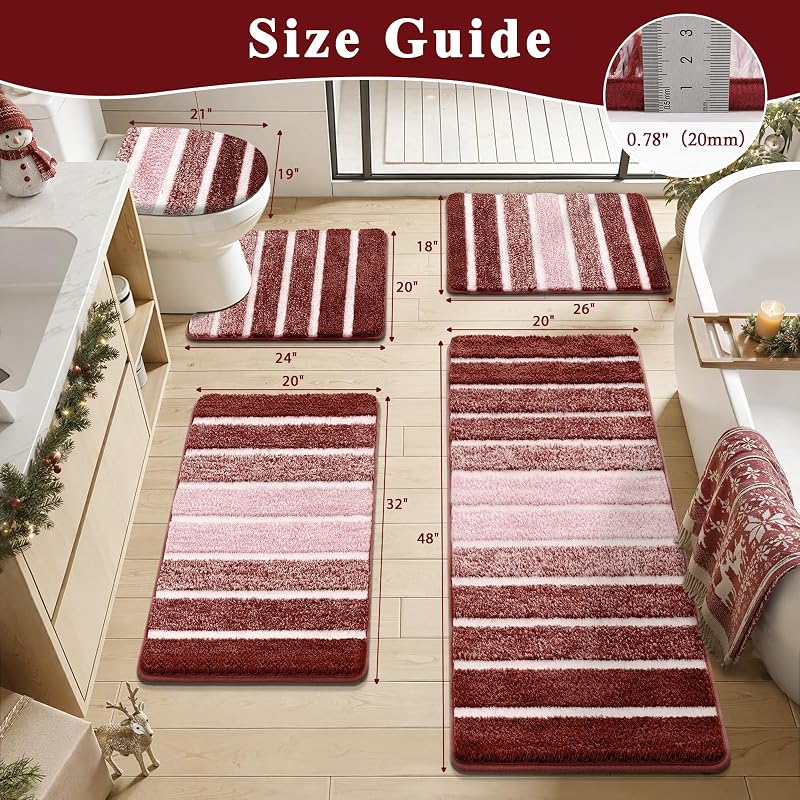 Christmas Bath Rug Set 5-Piece Non-Slip Red 18x26, 20x32, 20x48, U-Shape 20x24, Lid Cover 19x21