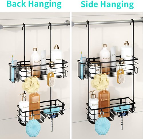 HapiRm Hanging Shower Caddy Organizer - Rustproof 304 Stainless Steel with Hooks & Toothbrush Holder - Black