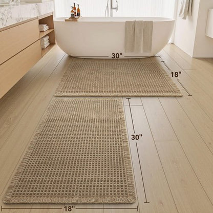 Upgraded Waffle Bath Mats Set of 2, Super Absorbent Non Slip Bath Mats for Bathroom Floor, Washable Boho Bathroom Rugs Set 2 Piece with Tassels, Soft Bathroom Mat Set, 18" x 30" (2 Pack), Brown