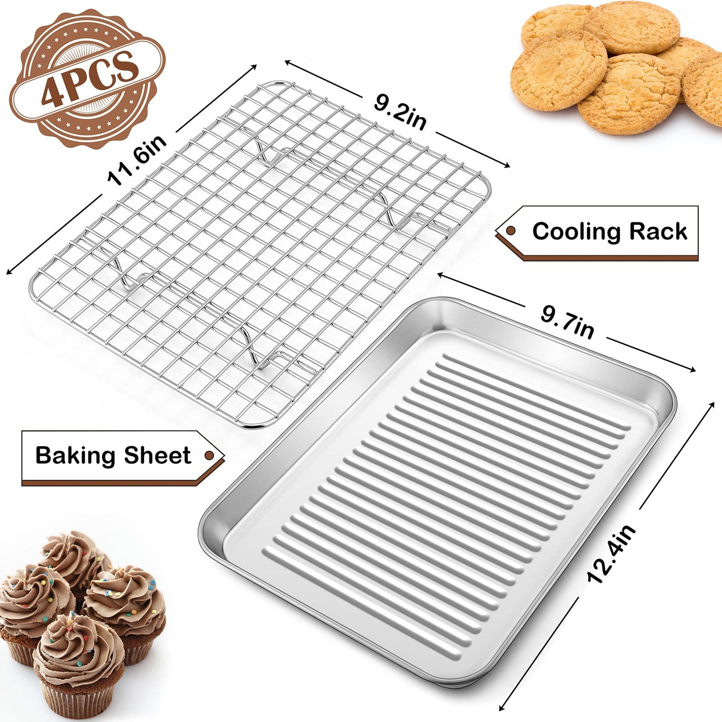 Stainless Steel Baking Sheet with Rack Set, E-far 12.4”x9.7” Cookie Sheet Broiling Pan for Oven, Metal Textured Tray with Wire Rack for Cooking/Cooling/Bacon/Steak, Non-toxic & Dishwasher Safe