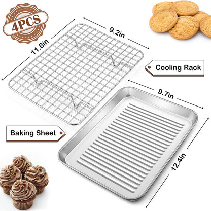 Stainless Steel Baking Sheet with Rack Set, E-far 12.4”x9.7” Cookie Sheet Broiling Pan for Oven, Metal Textured Tray with Wire Rack for Cooking/Cooling/Bacon/Steak, Non-toxic & Dishwasher Safe