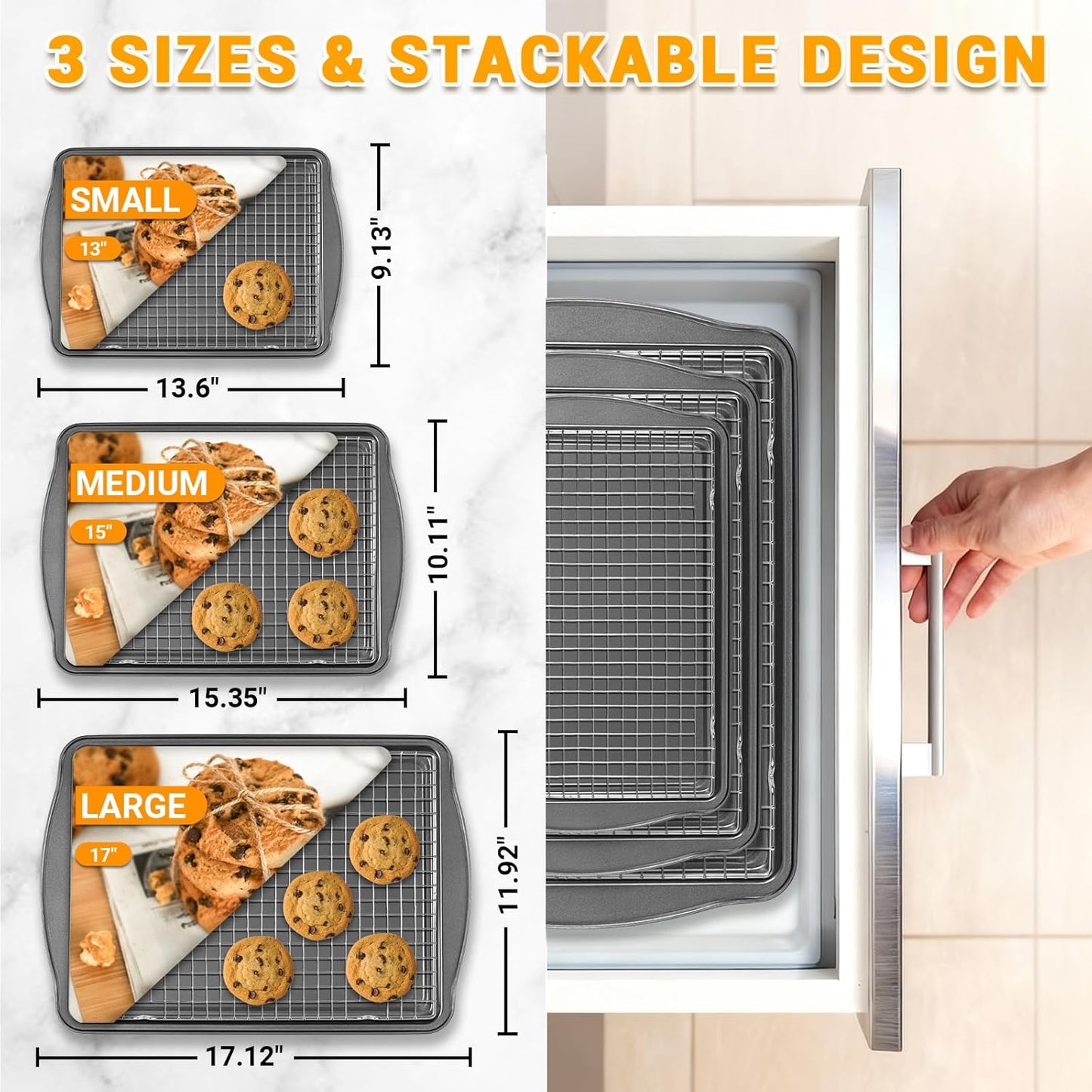 Skiennix Baking Pan Set of 3 - Nonstick Carbon Steel Sheets with Cooling Racks | 13/15/17 Inch, Rust & Warp Resistant