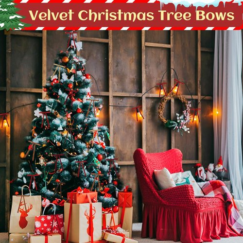 Burgundy Velvet Ribbon Bows - 24 PCS Christmas Tree Topper Ornaments | 5x7 Inch Decorative Bows