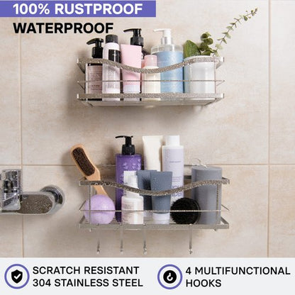 KINCMAX Premium Shower Caddy, Self Adhesive Wall Shower Organizer, 2-Pack No Drill Bathroom Shelves, Rustproof Stainless Steel Shampoo Holder, Storage Rack, Silver