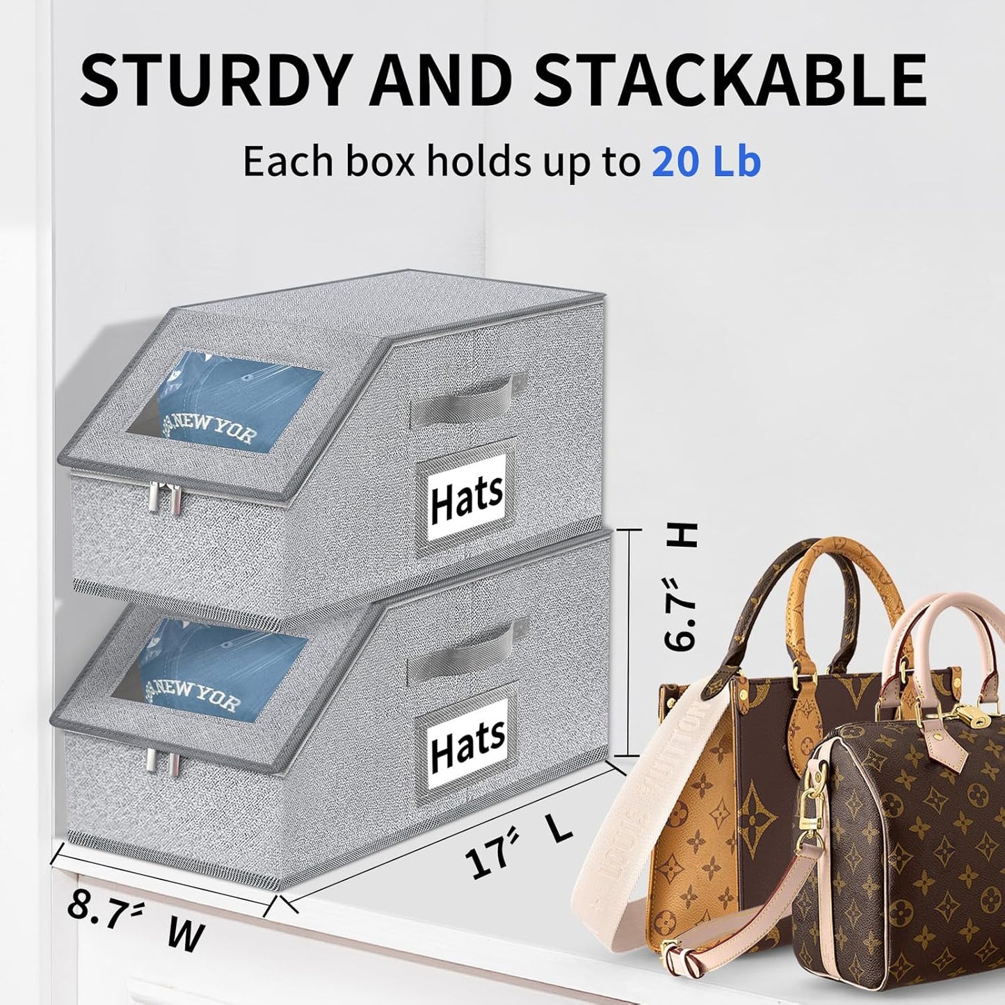 Aokeyee Hat Organizer - Stackable 2PCS Storage with Clear Window Lid & Flip-Top Access | Grey