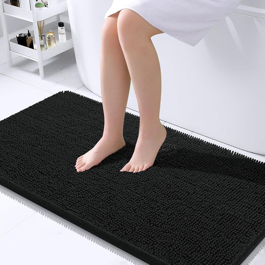OLANLY Large Bathroom Rugs - Extra Soft Chenille Bath Mats with Rubber Backing | Quick Dry, 45x27 Inches, Black