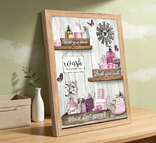 Farmhouse Bathroom Wall Art by Pink - 'Please Seat Yourself' Canvas Print | Modern Framed Decor