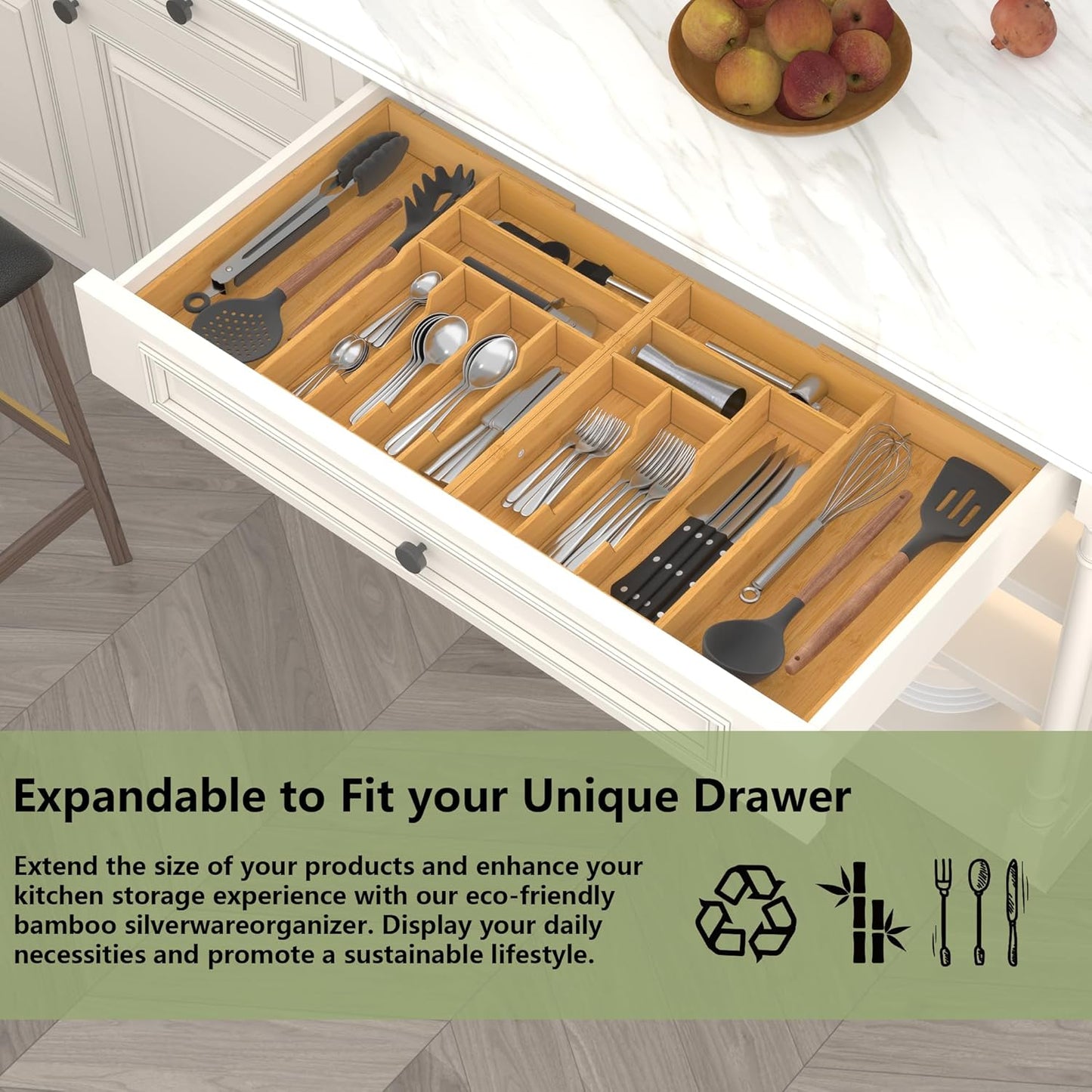 Suli Silverware Drawer Organizer - Adjustable Bamboo Utensil Holder for Forks, Knives & Spoons | Expandable 22in-37in