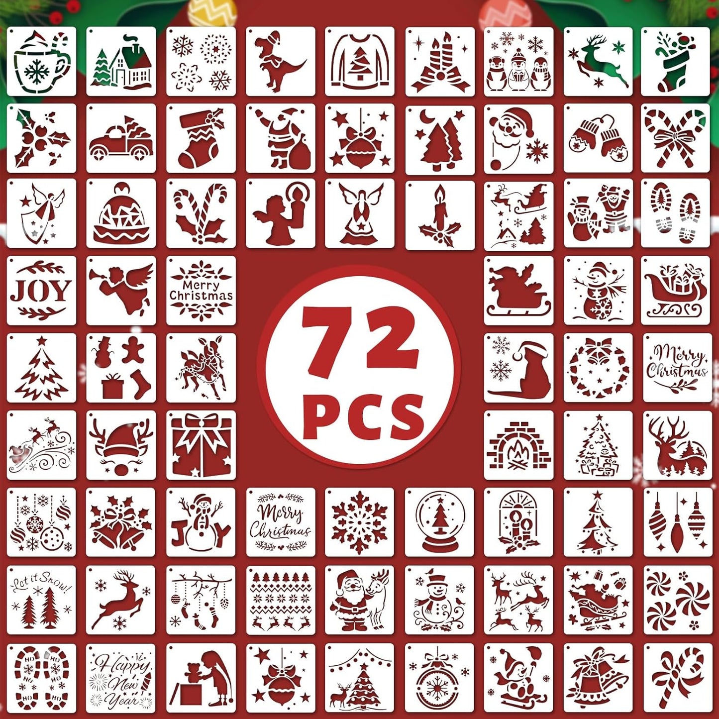 Skiennix 72 PCS Christmas Stencils - Reusable Holiday Painting Templates for Wood, Glass & Fabric Decor