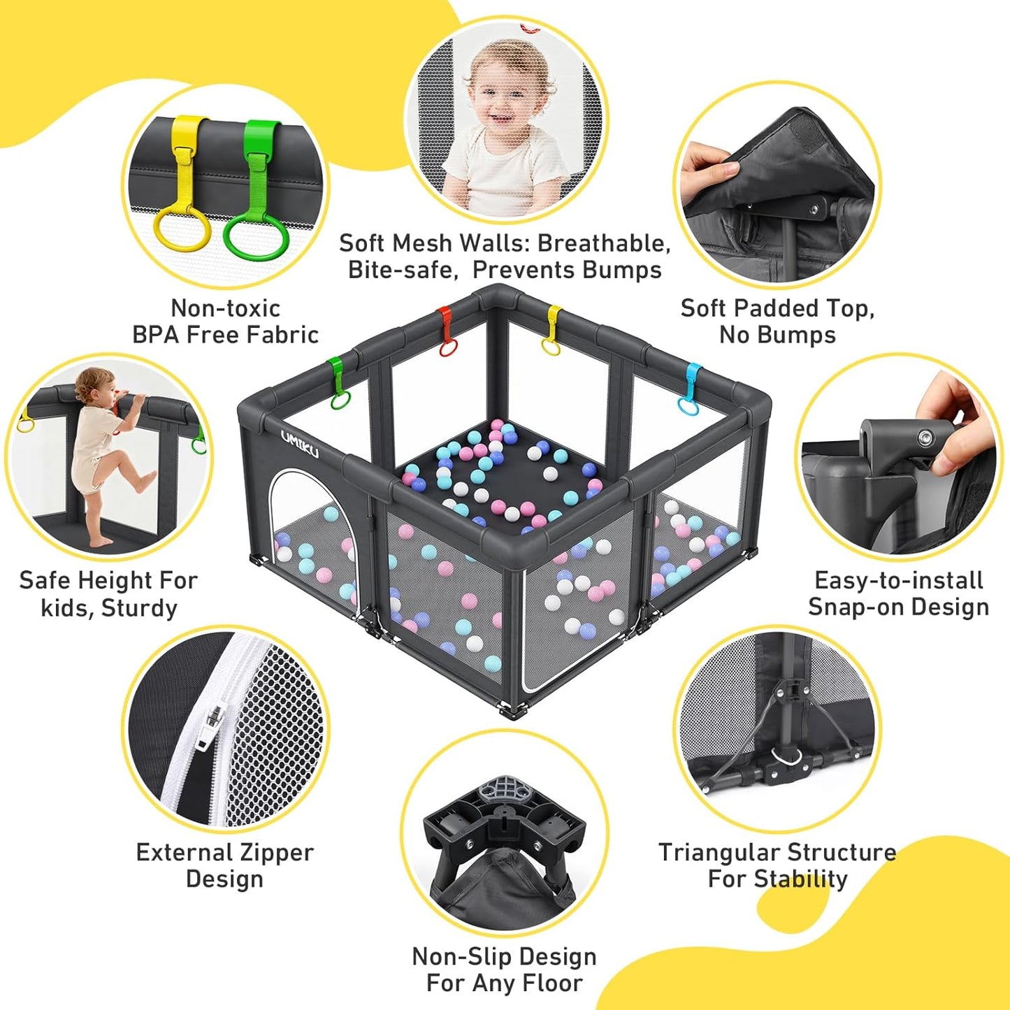 Skiennix Foldable Baby Playpen - Large Portable Play Yard for Indoor/Outdoor Use | 50" x 50" Dark Grey