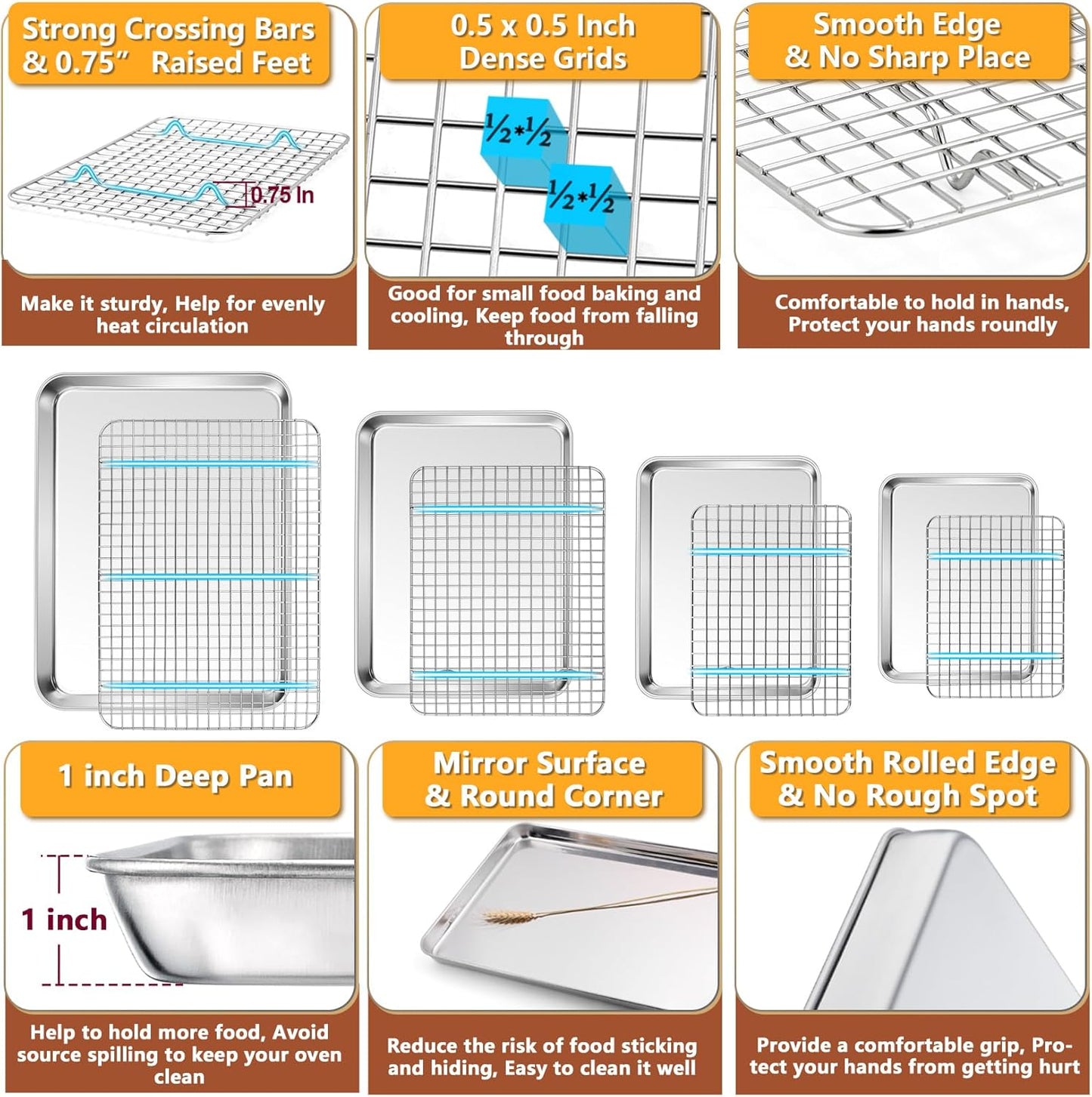 P&P CHEF Baking Sheet Set - 8-Piece Stainless Steel Cookie Trays with Cooling Racks | Oven & Dishwasher Safe, 16-12.5-10.4-9 Inch Sizes