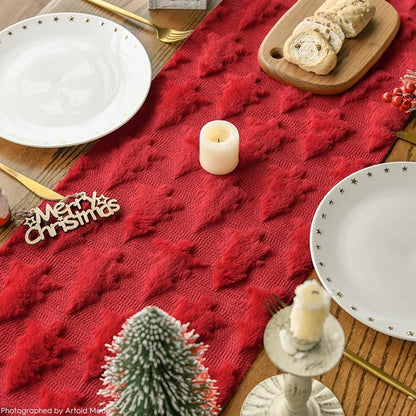 Artoid Mode Red Plush Christmas Table Runner 13x36 Inch — Faux Fur Jacquard Xmas Decor, Holiday Kitchen Dining