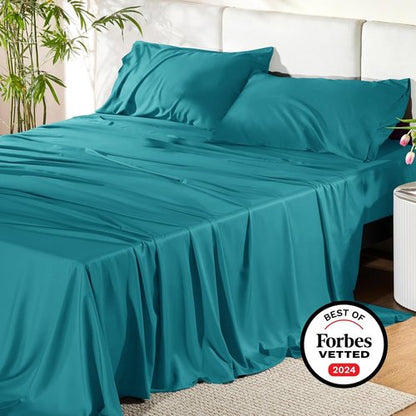 Bedsure Queen Sheet Set - Cooling Rayon Bamboo Sheets | Breathable, Soft & Deep Pocket Up to 16 Inches - Turquoise