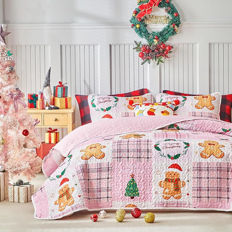 Queen Christmas Quilt Set Pink Plaid Patchwork with Gingerbread Man & Trees - Reversible Gingham Design, 100% Microfiber