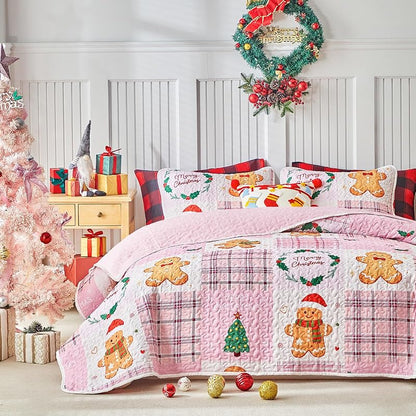 Queen Christmas Quilt Set Pink Plaid Patchwork with Gingerbread Man & Trees - Reversible Gingham Design, 100% Microfiber
