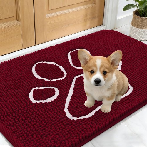 OLANLY Dog Door Mat for Muddy Paws 24x16, Paw Print Design, Absorbs Moisture and Dirt, Absorbent Non-Slip Washable Doormat, Quick Dry Chenille Mud Mat for Dogs, Entry Indoor Entryway Carpet, Burgundy