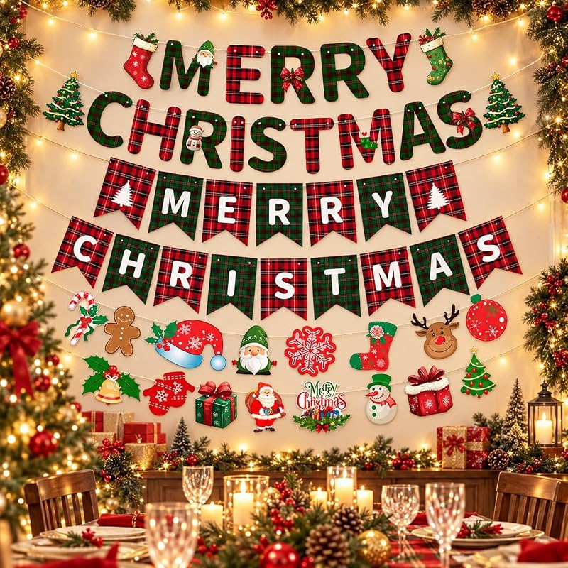Christmas Banner 32pcs Red Green Merry Christmas Party Decor