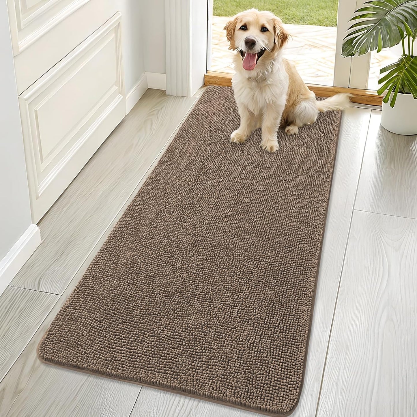 OLANLY Dog Door Mat - Absorbent Non-Slip Chenille Mat for Muddy Paws | 70x32 Inches, Tan Color