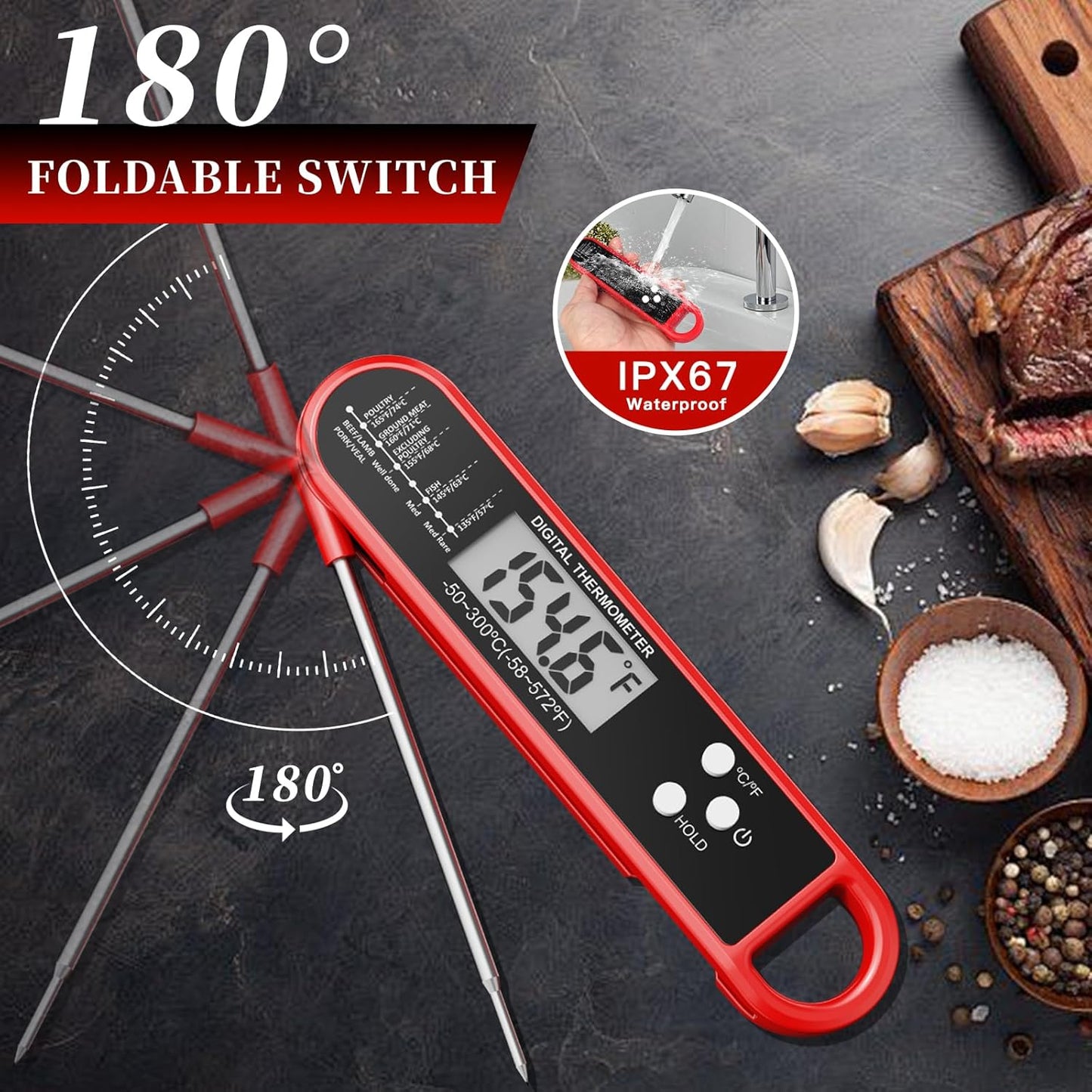Skiennix Digital Meat Thermometer - Instant Read Waterproof BBQ Probe with Strong Magnet for Perfect Cooking