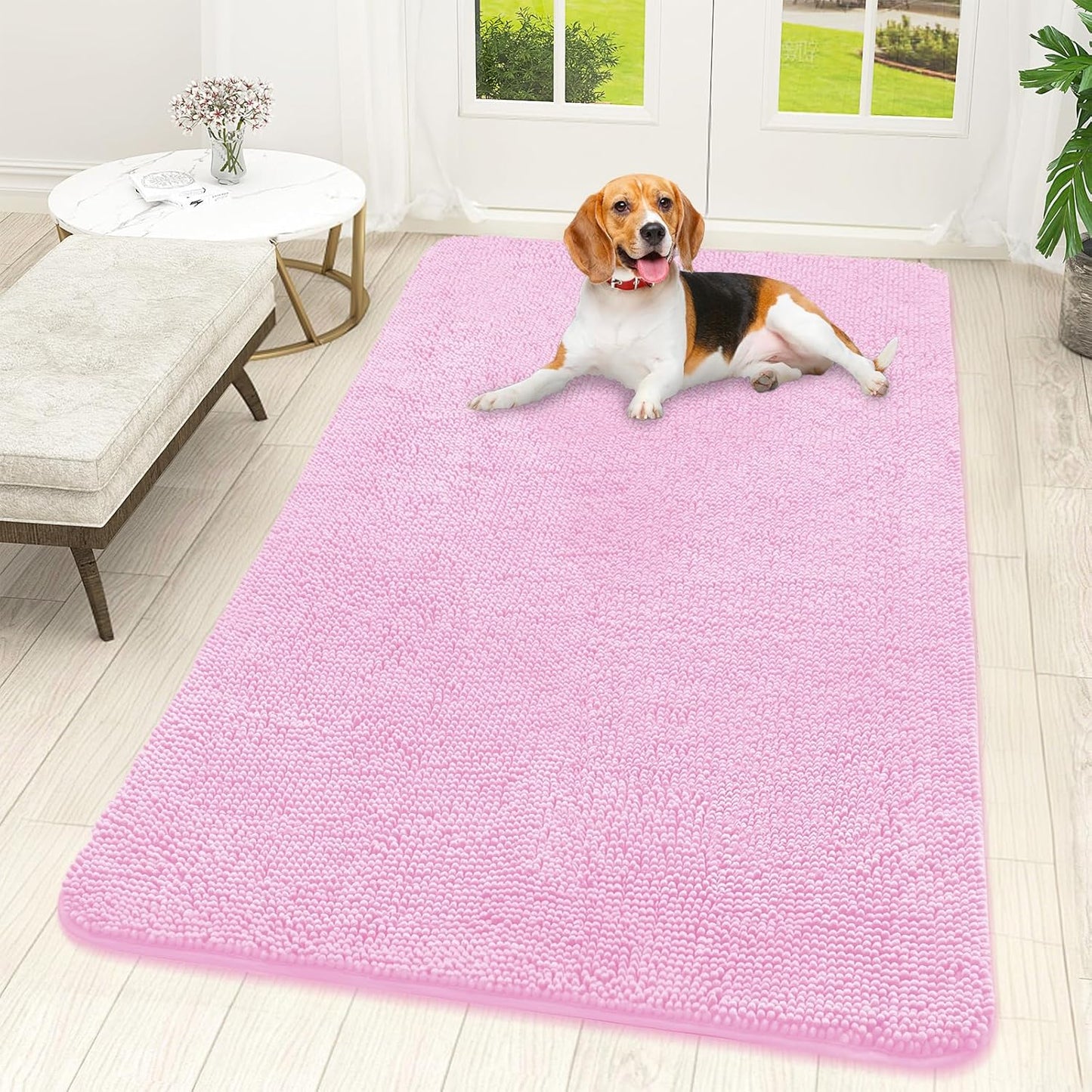 OLANLY Dog Door Mat - Absorbent Non-Slip Washable Doormat for Muddy Paws | 59x32 Pink Chenille Carpet
